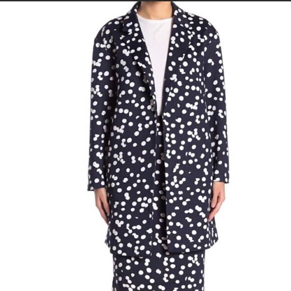 T Tahari Navy Blue White Polka Dot Print Scuba Knit Jacket Coat - Size Small / S - Picture 6 of 12